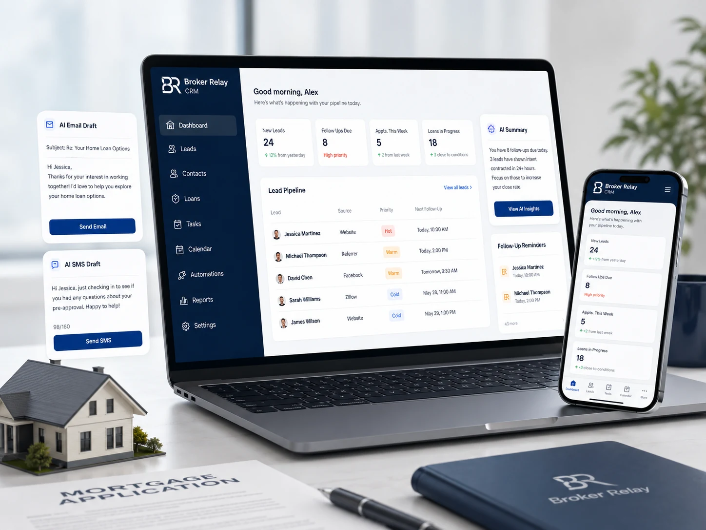 Broker Relay dashboard on laptop and phone showing lead priority, AI drafts, email campaigns, and follow-up reminders